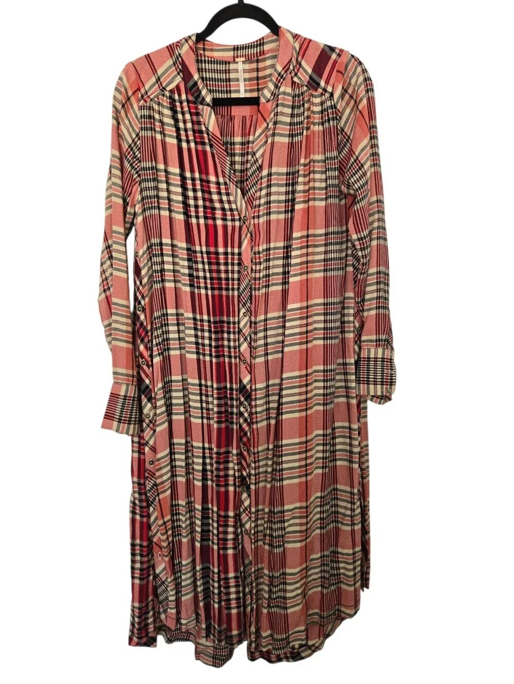 Free People Plaid Midi Shirt Dress | Boho Pink Plaid Button Front Dress | Size S